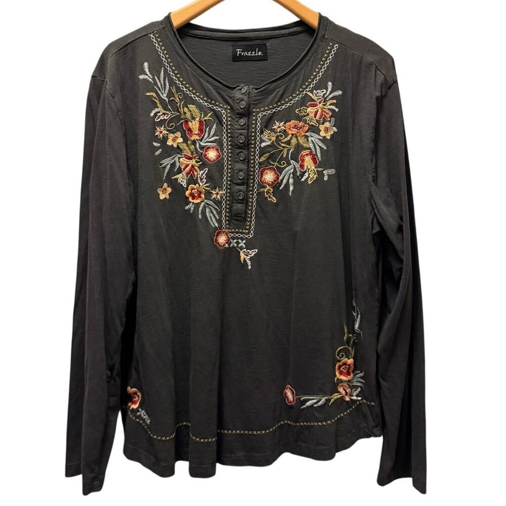 Frazzle Top XXL Gray Floral Embroidered Henley Top Blouse Long Sleeve Boho